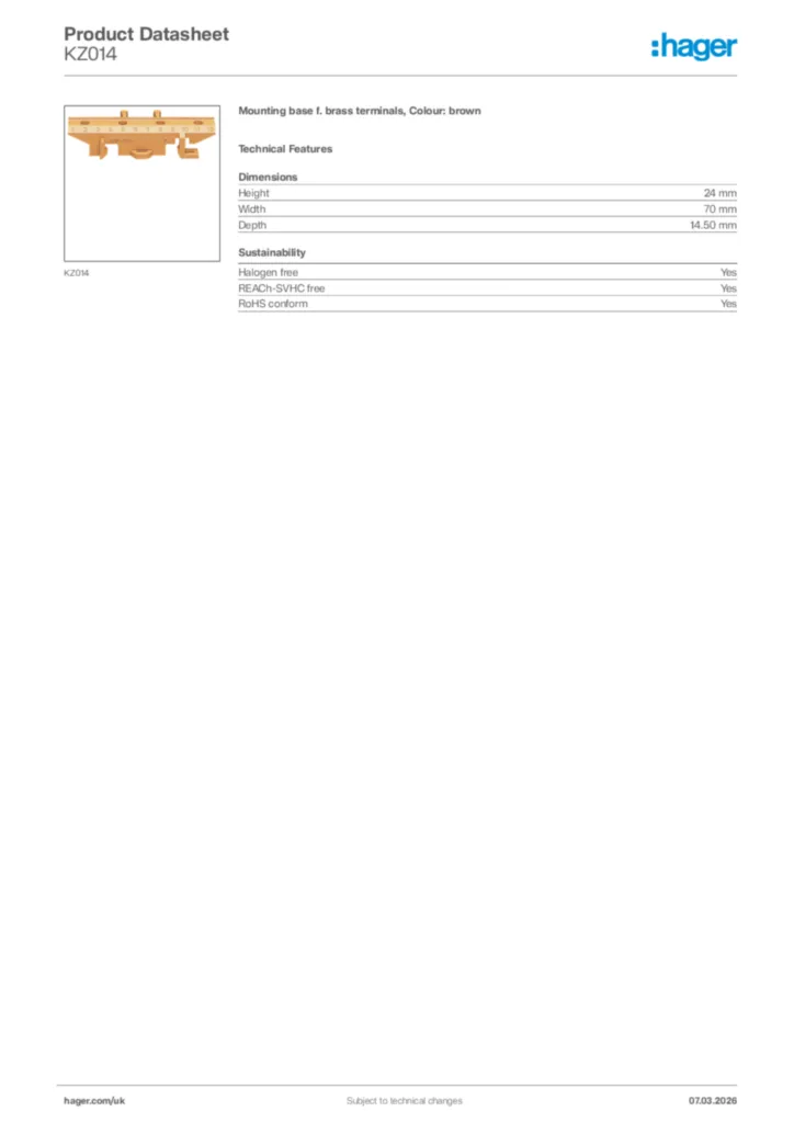 Image Hager Product data sheet KZ014  | Hager