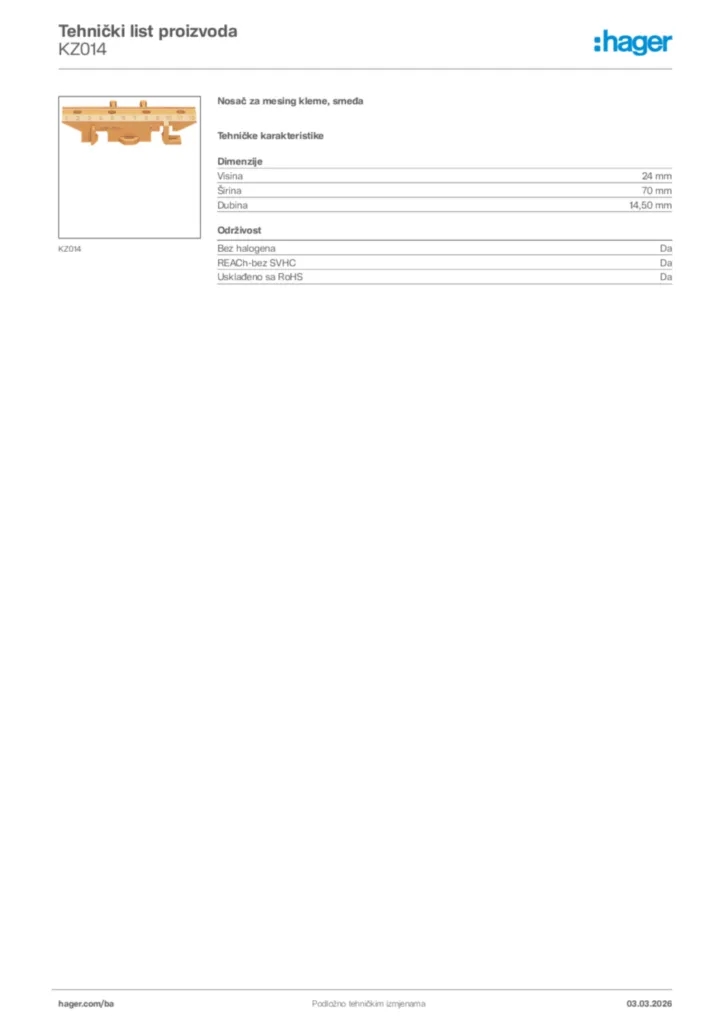 Slika Hager Tehnički list proizvoda KZ014  | Hager