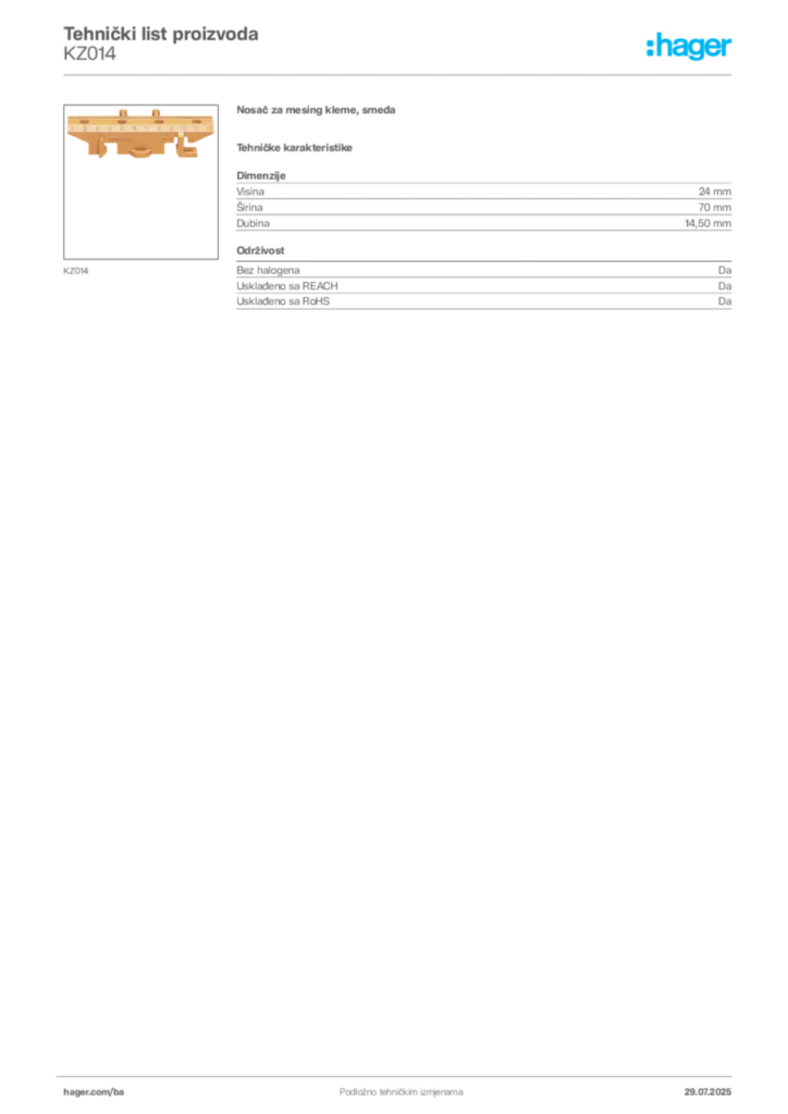 Slika Hager Product data sheet KZ014  | Hager