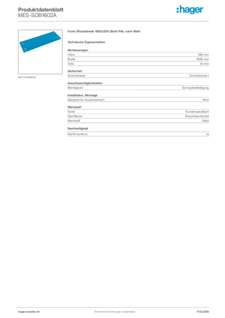 Bild Hager Produktdatenblatt MES-SOB1602A | Hager Schweiz