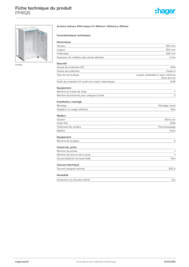 Image Hager Fiche technique du produit FP41QS | Hager France