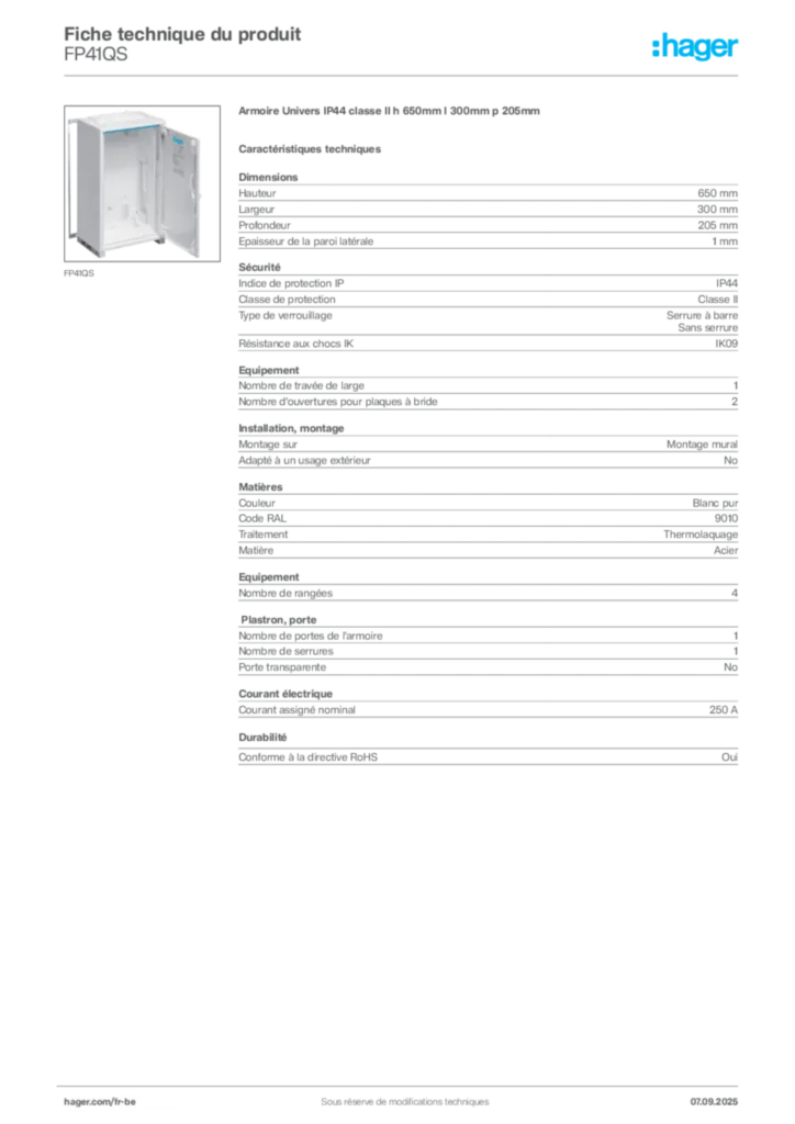 Image Hager Fiche technique du produit FP41QS | Hager Belgique
