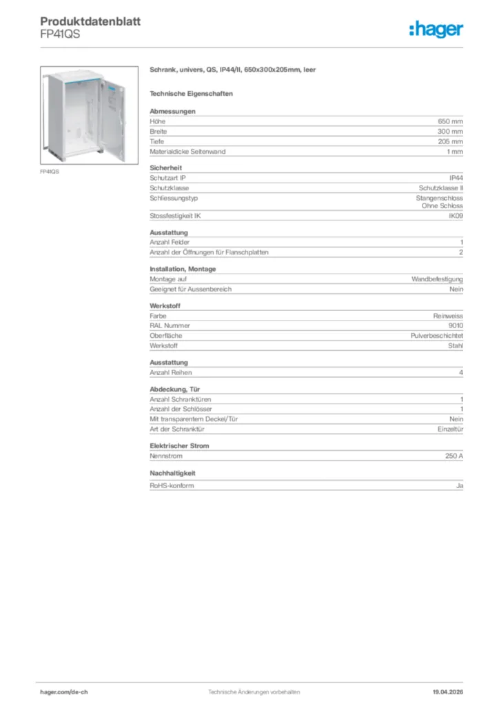 Bild Hager Produktdatenblatt FP41QS | Hager Schweiz