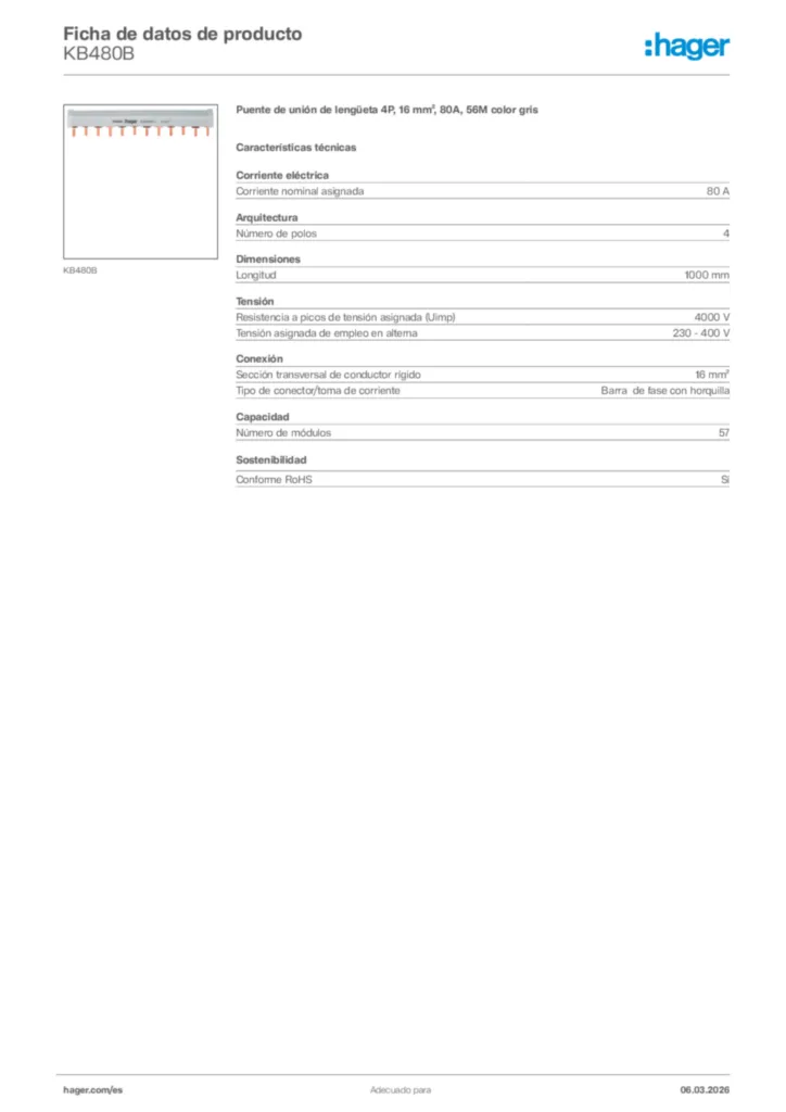 Imagen Hager Ficha de datos de producto KB480B | Hager España