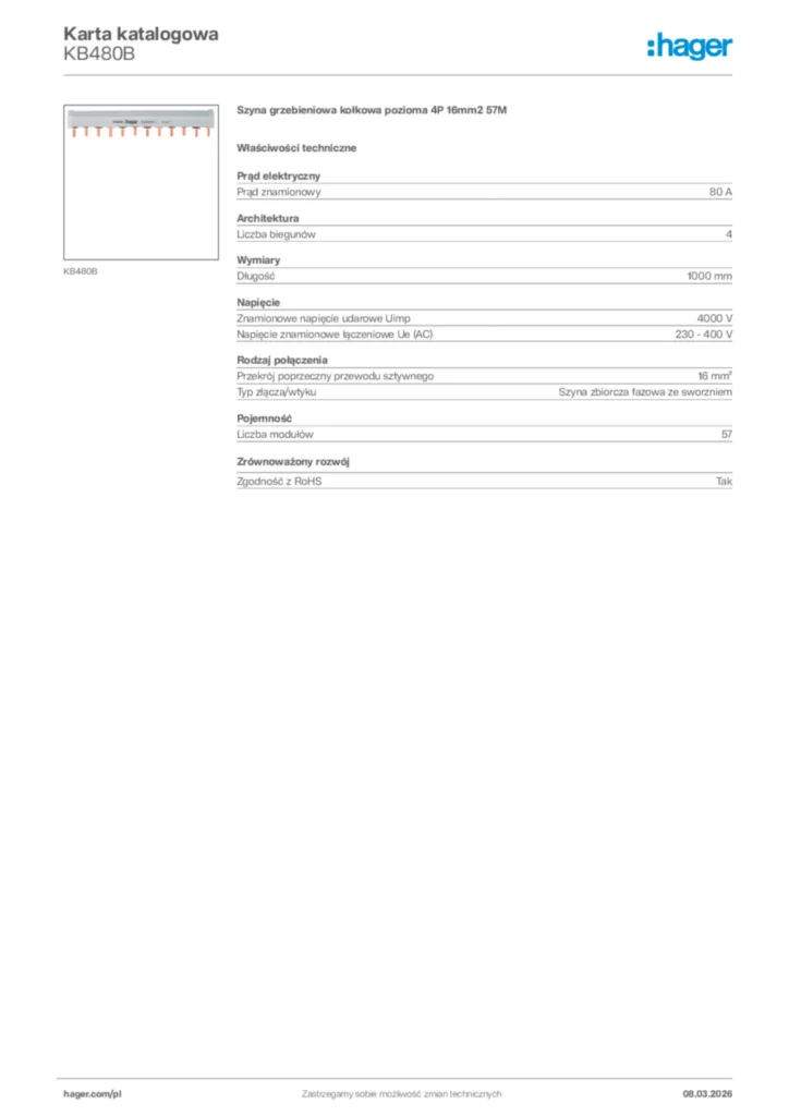 Zdjęcie Hager Karta katalogowa KB480B | Hager Polska