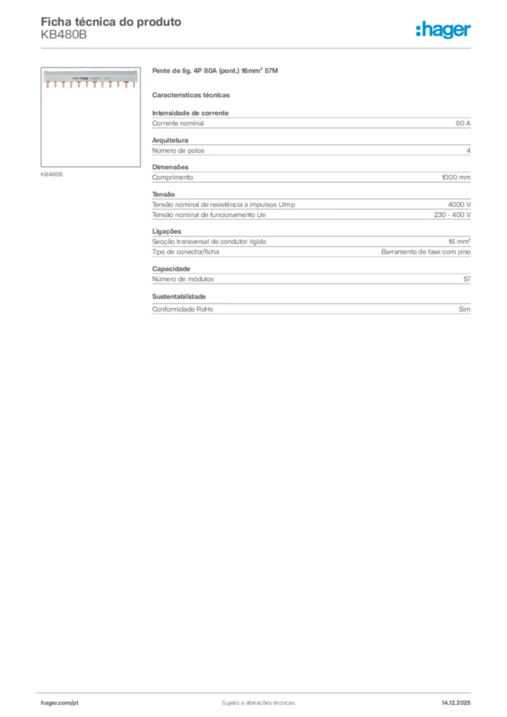 Imagem Hager Ficha técnica do produto KB480B | Hager Portugal
