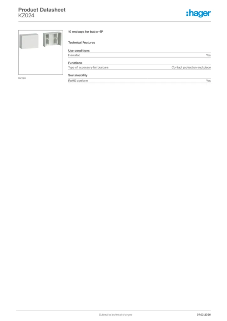Image Hager Product data sheet KZ024  | Hager Africa