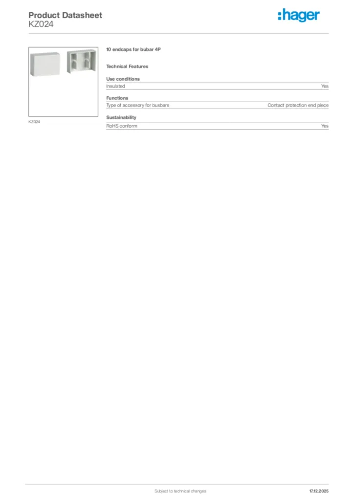 Image Hager Product data sheet KZ024  | Hager Africa