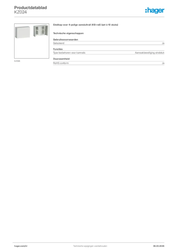 Afbeelding Hager Productdatablad KZ024 | Hager Nederland