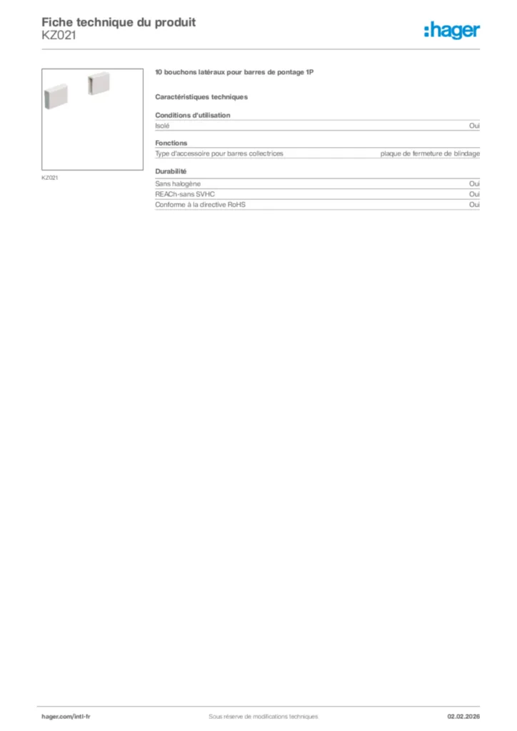 Image Hager Fiche technique du produit KZ021 | Hager Afrique