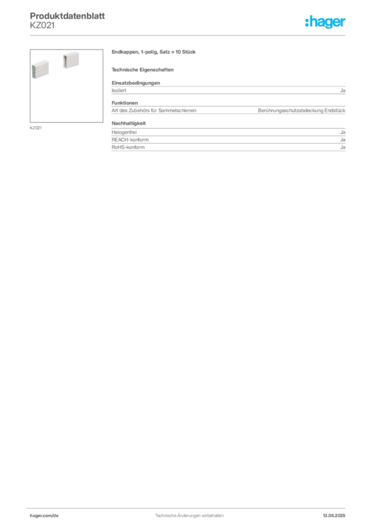 Hager Produktdatenblatt KZ021