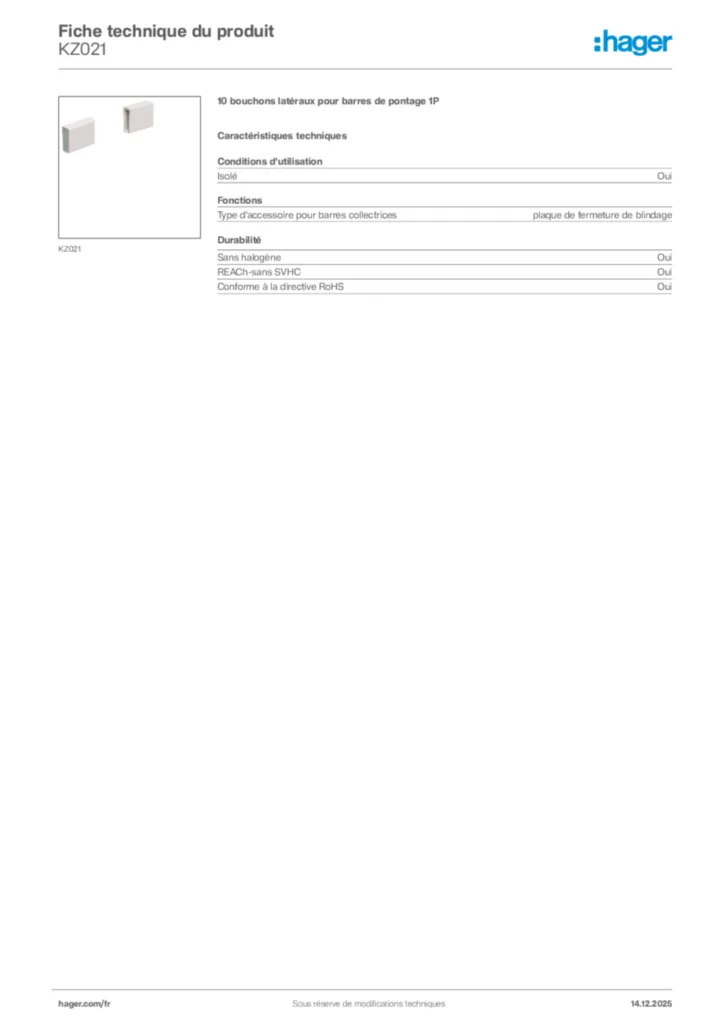 Image Hager Fiche technique du produit KZ021 | Hager France