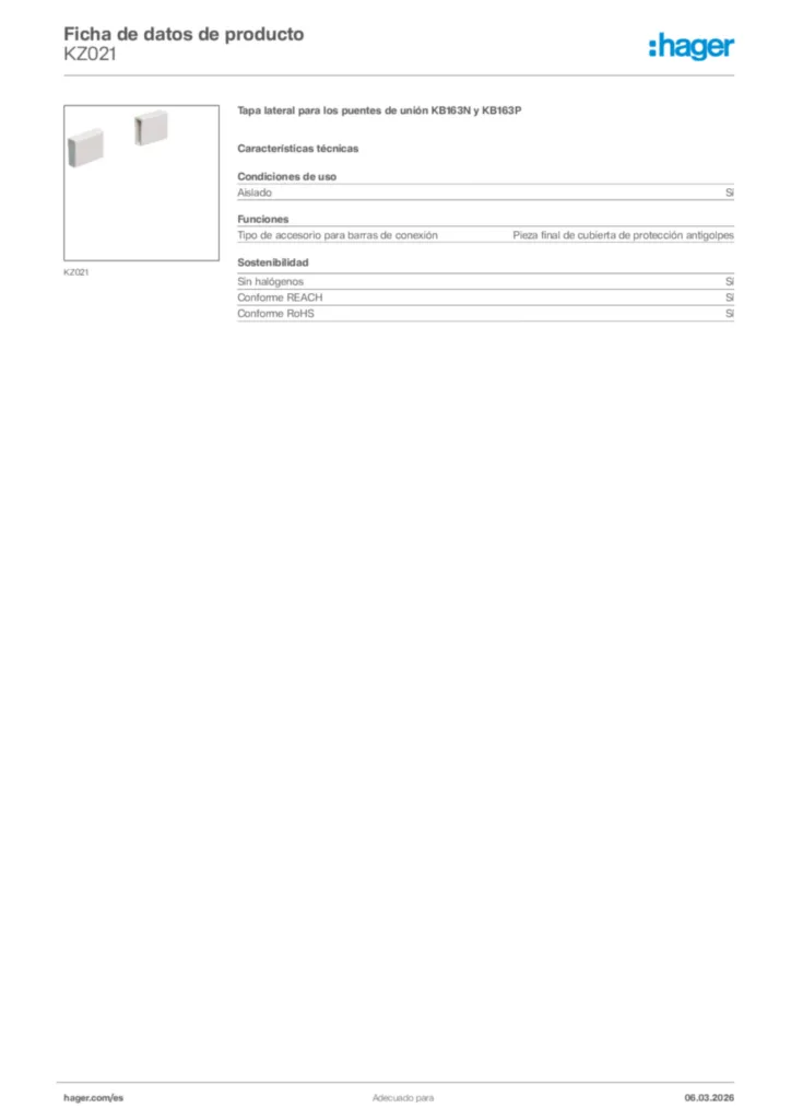 Imagen Hager Ficha de datos de producto KZ021 | Hager España