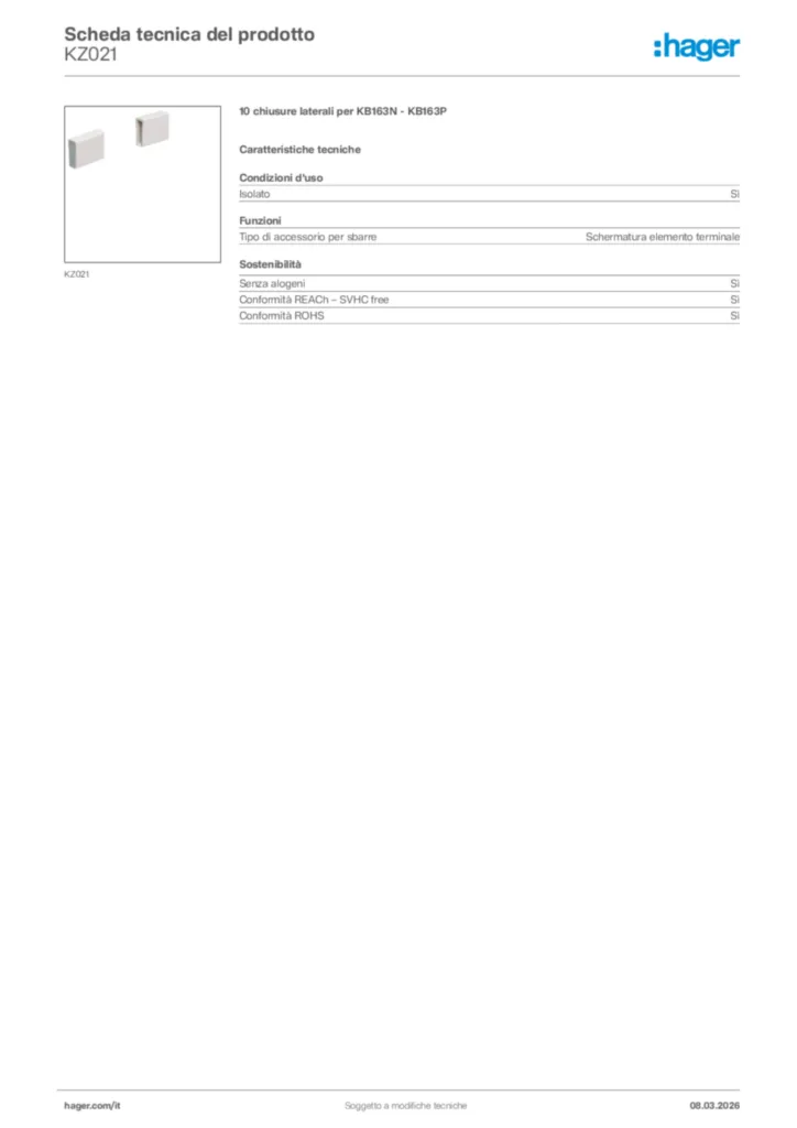 Immagine Hager Scheda tecnica del prodotto KZ021 | Hager Italia