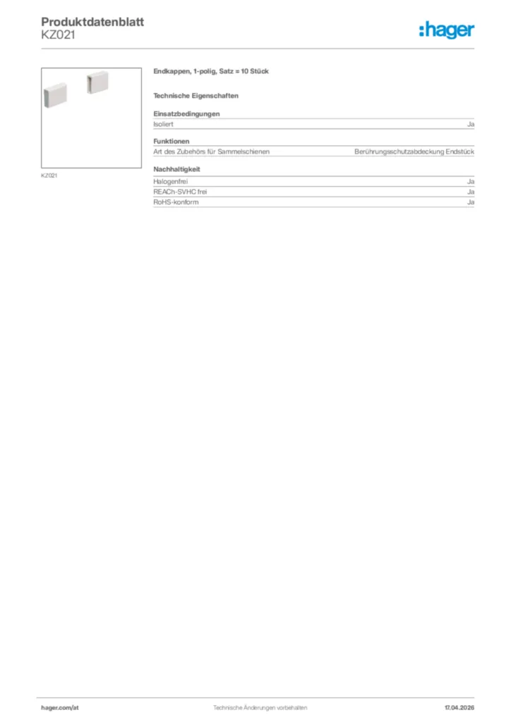 Bild Hager Produktdatenblatt KZ021 | Hager Deutschland