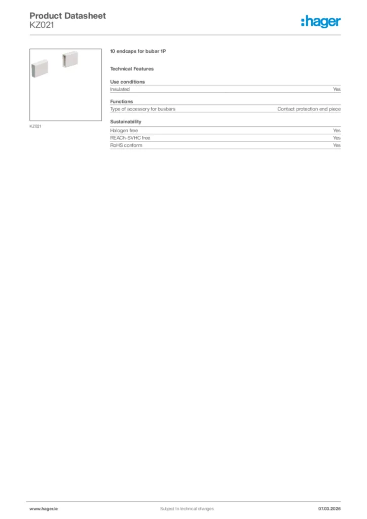Image Hager Product data sheet KZ021  | Hager