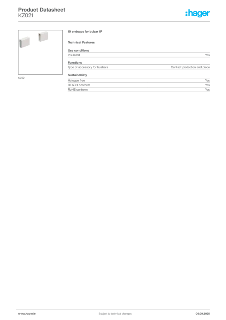 Image Hager Product data sheet KZ021  | Hager
