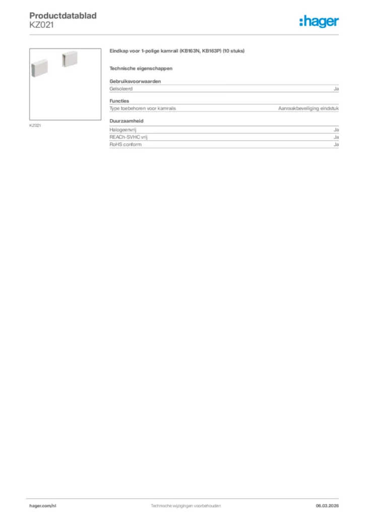 Afbeelding Hager Productdatablad KZ021 | Hager Nederland
