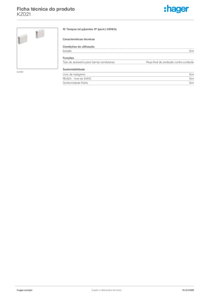 Imagem Hager Ficha técnica do produto KZ021 | Hager Portugal