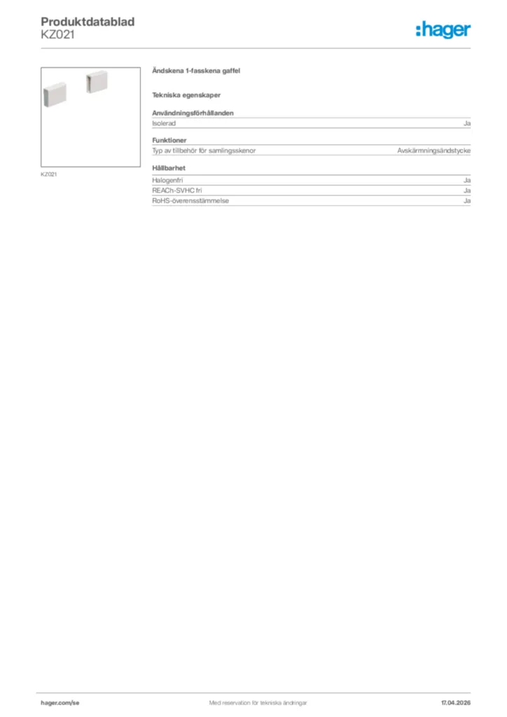 Bild Hager Produktdatablad KZ021 | Hager Sverige