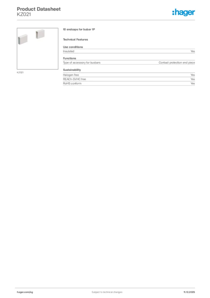 Image Hager Product data sheet KZ021  | Hager
