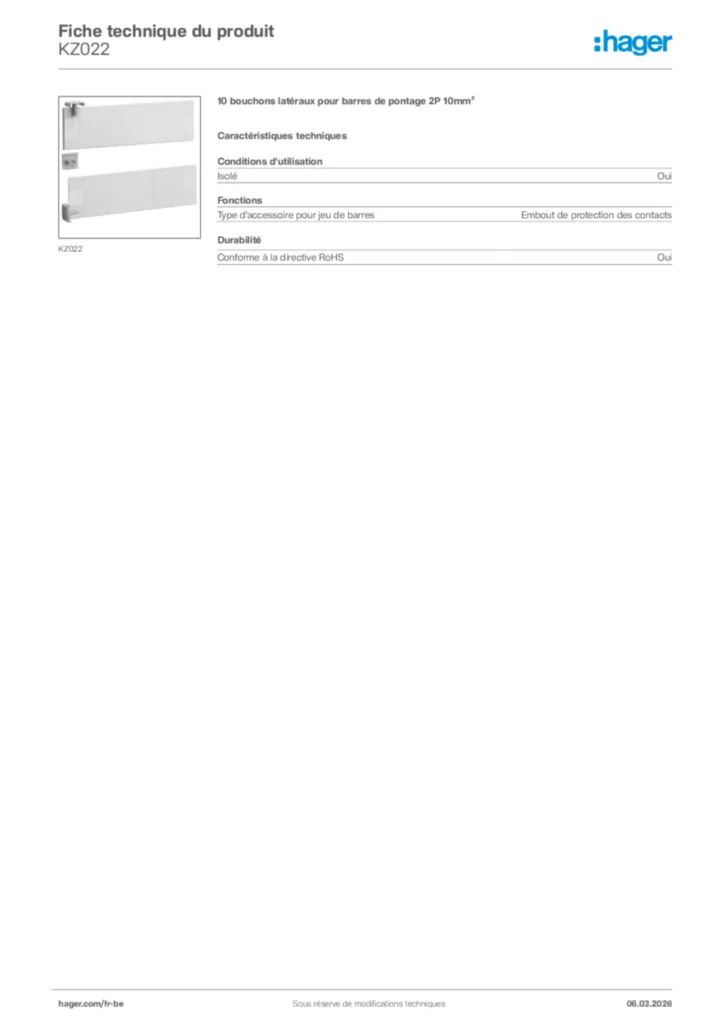 Image Hager Fiche technique du produit KZ022 | Hager Belgique