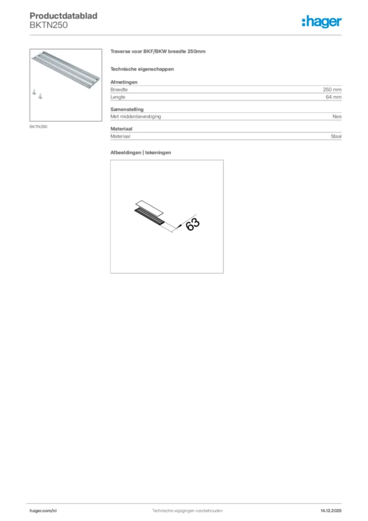 Afbeelding Hager Productdatablad BKTN250 | Hager Nederland