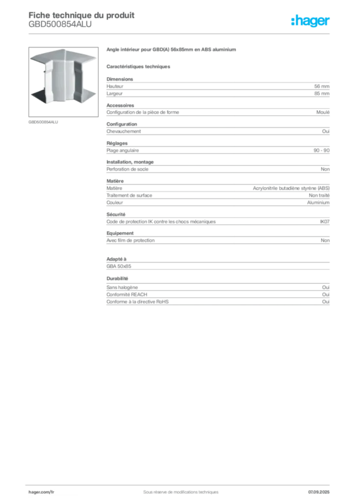 Image Hager Fiche technique du produit GBD500854ALU | Hager France