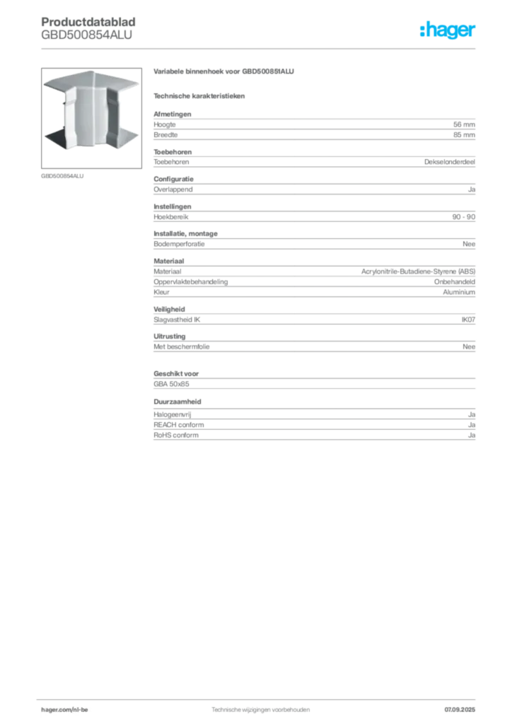 Afbeelding Hager Productdatablad GBD500854ALU | Hager Belgium