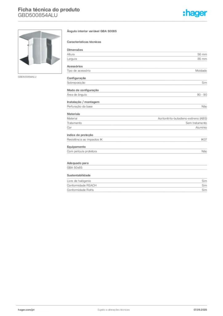 Imagem Hager Ficha técnica do produto GBD500854ALU | Hager Portugal
