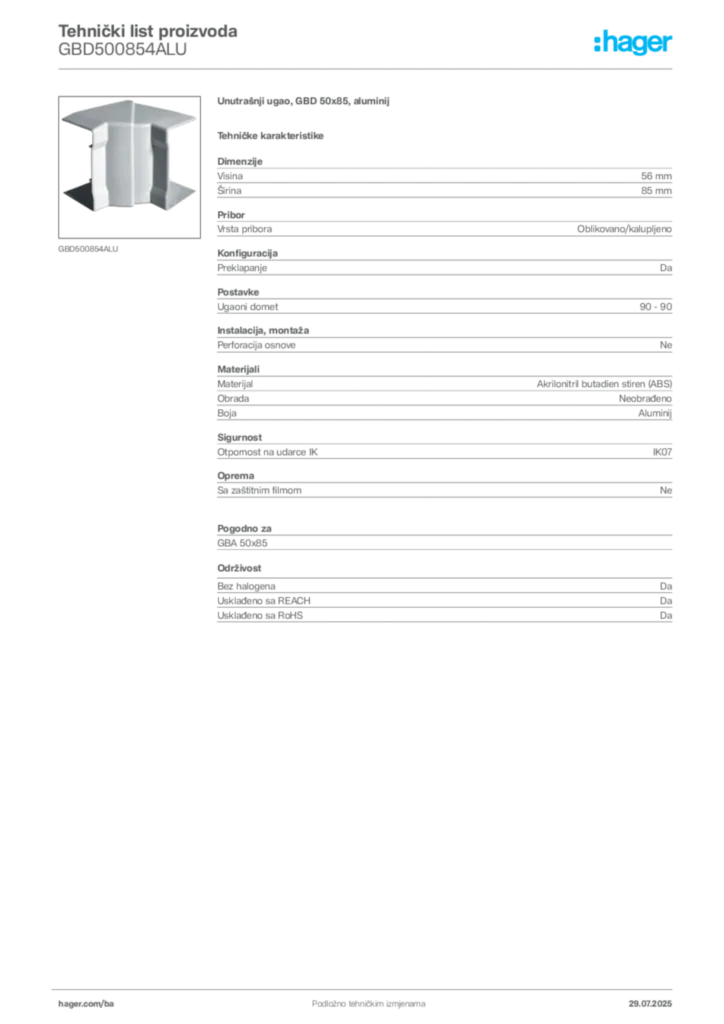 Slika Hager Product data sheet GBD500854ALU  | Hager