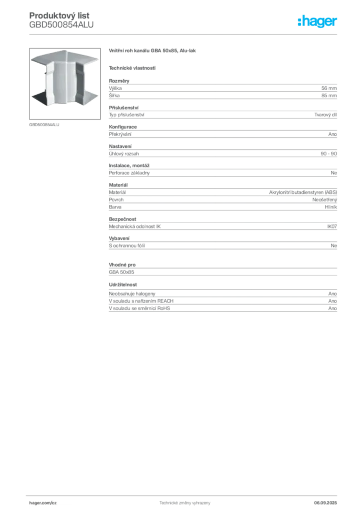 Obrázek Hager Produktový list GBD500854ALU | Hager