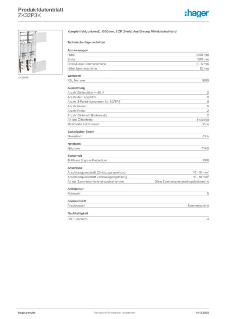 Bild Hager Produktdatenblatt ZK32P3K | Hager Deutschland