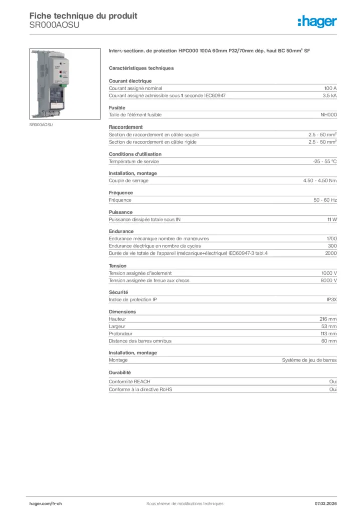 Image Hager Fiche technique du produit SR000AOSU | Hager Suisse