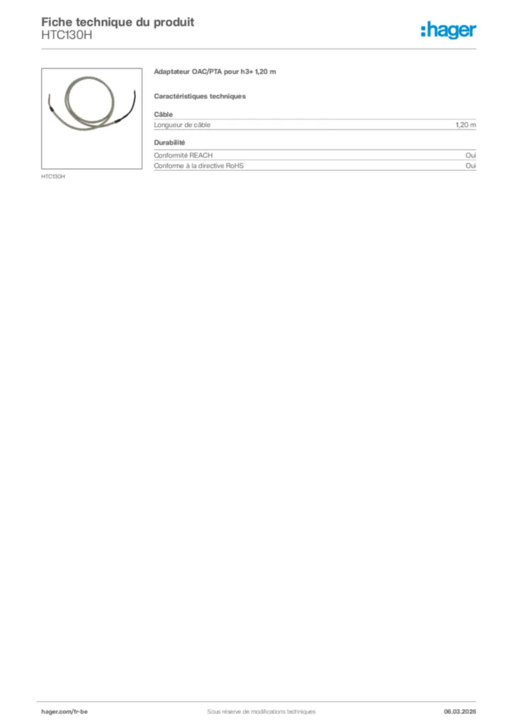 Image Hager Fiche technique du produit HTC130H | Hager Belgique