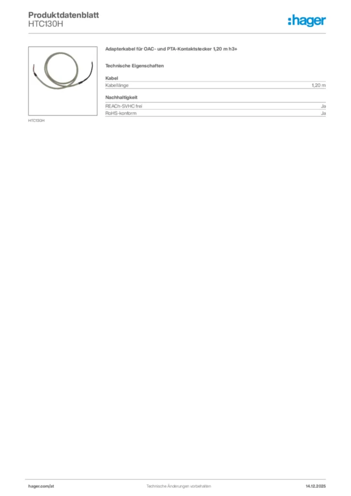 Bild Hager Produktdatenblatt HTC130H | Hager Deutschland
