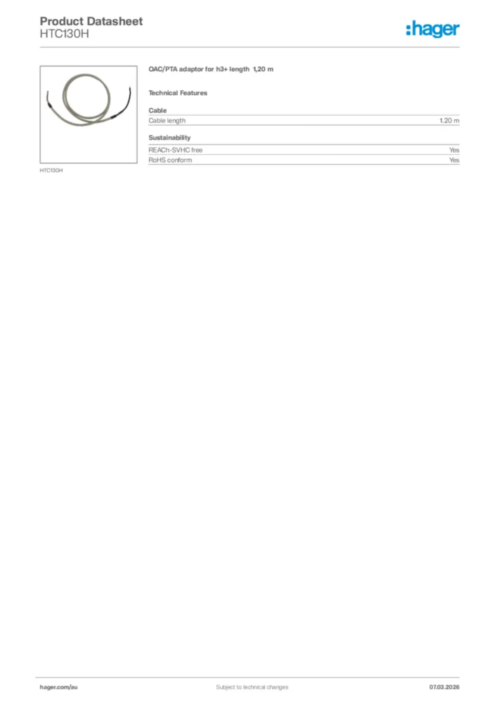 Image Hager Product data sheet HTC130H  | Hager Australia