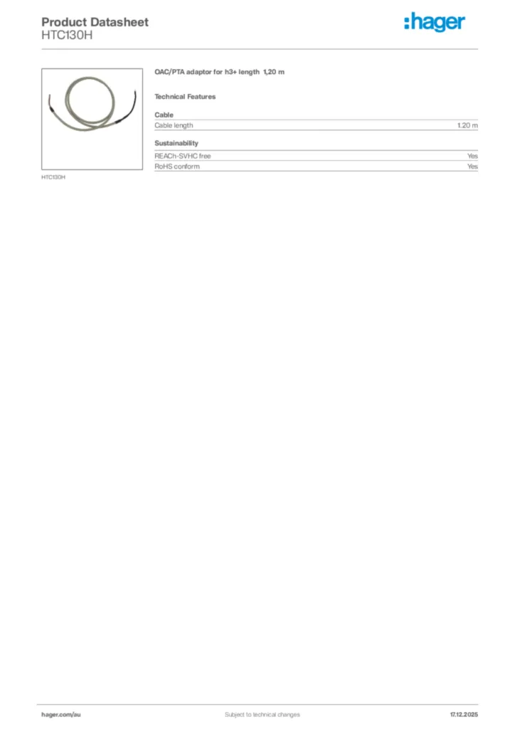 Image Hager Product data sheet HTC130H  | Hager Australia