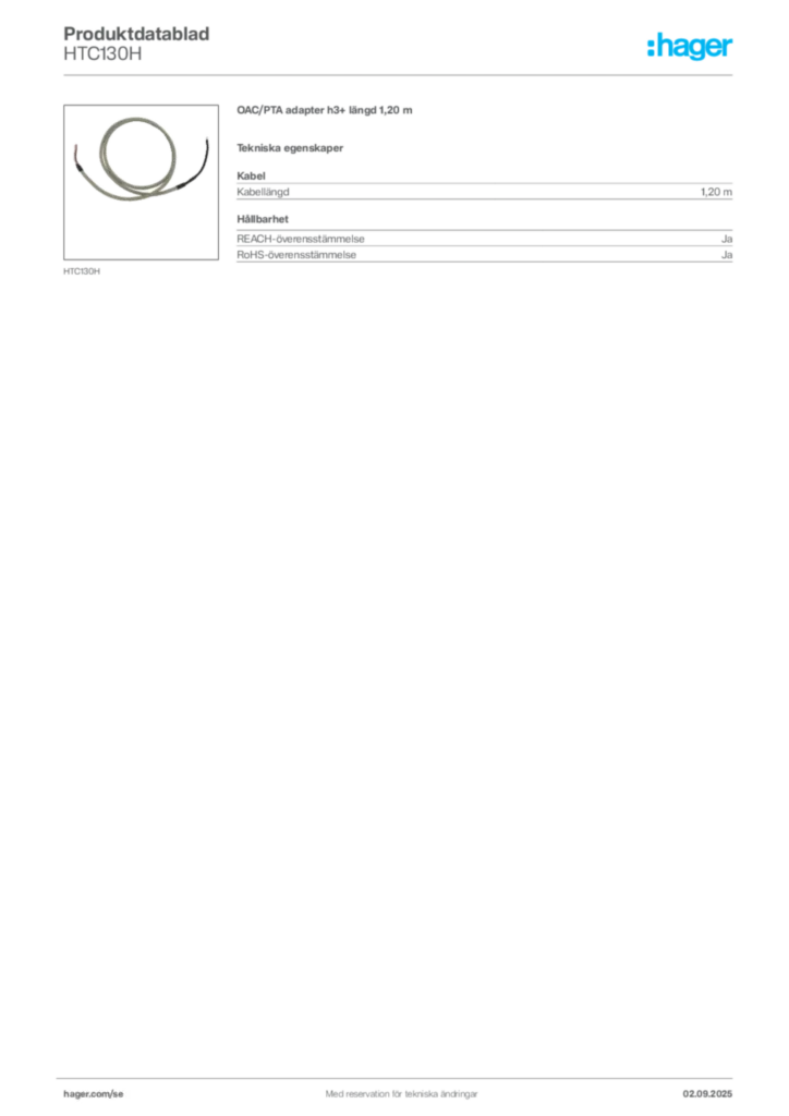 Bild Hager Produktdatablad HTC130H | Hager Sverige