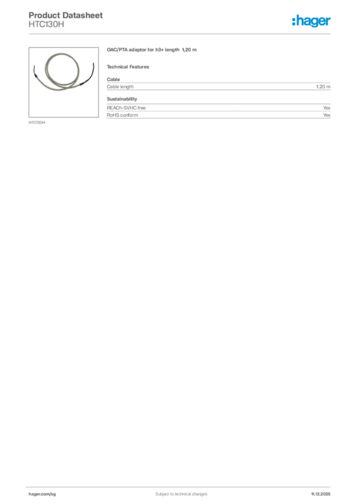 Image Hager Product data sheet HTC130H  | Hager