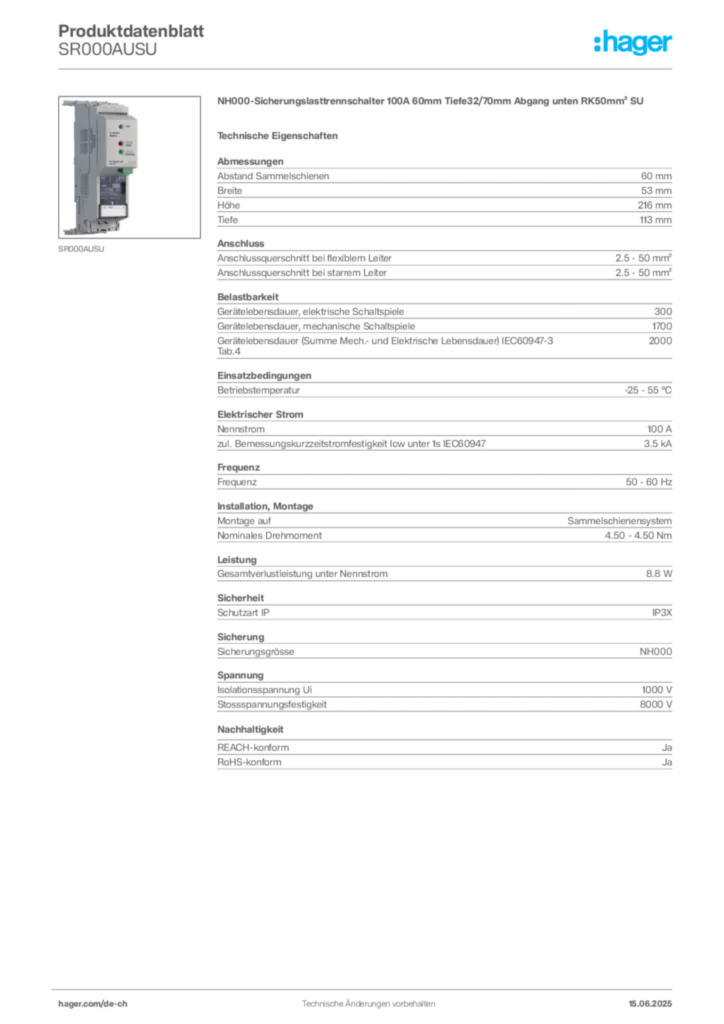 Bild Hager Produktdatenblatt SR000AUSU | Hager Schweiz