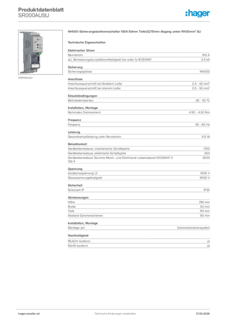 Bild Hager Produktdatenblatt SR000AUSU | Hager Schweiz