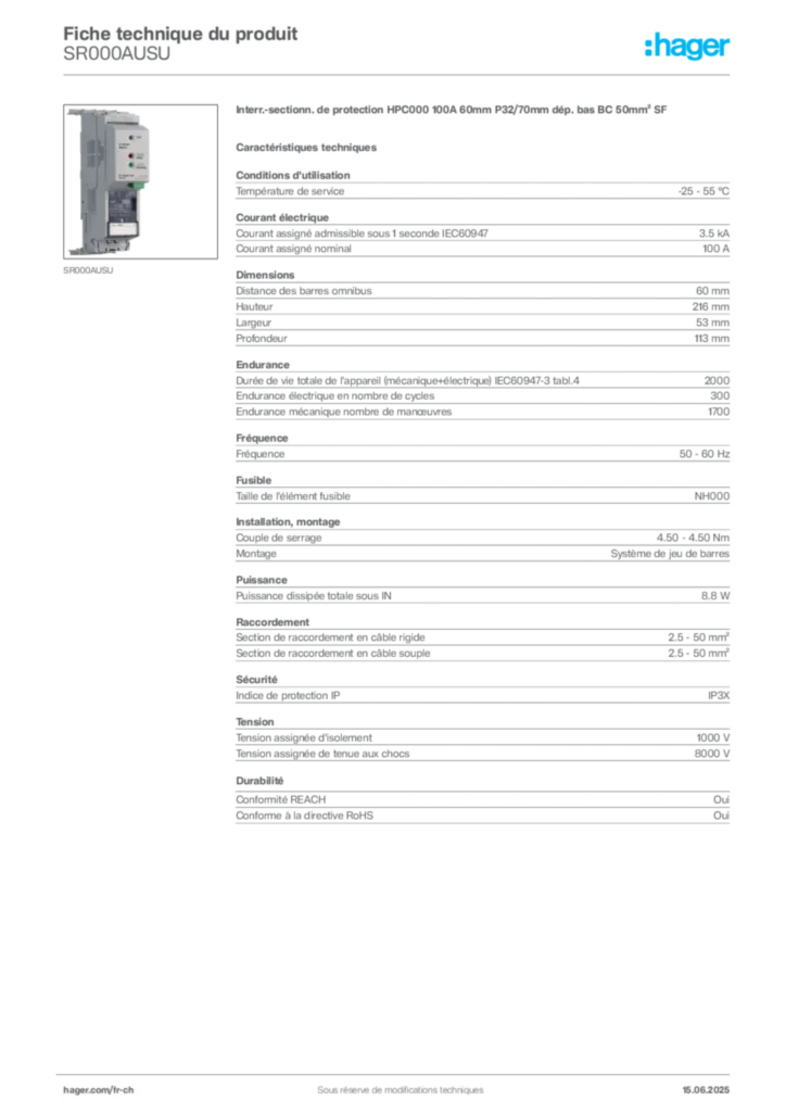 Image Hager Fiche technique du produit SR000AUSU | Hager Suisse