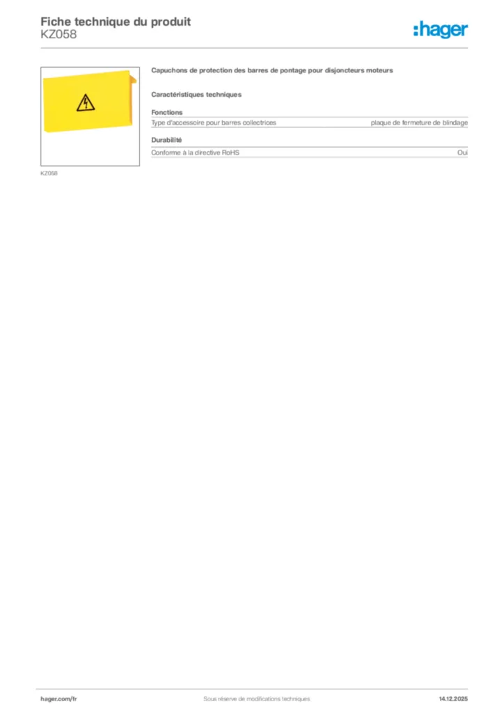 Image Hager Fiche technique du produit KZ058 | Hager France