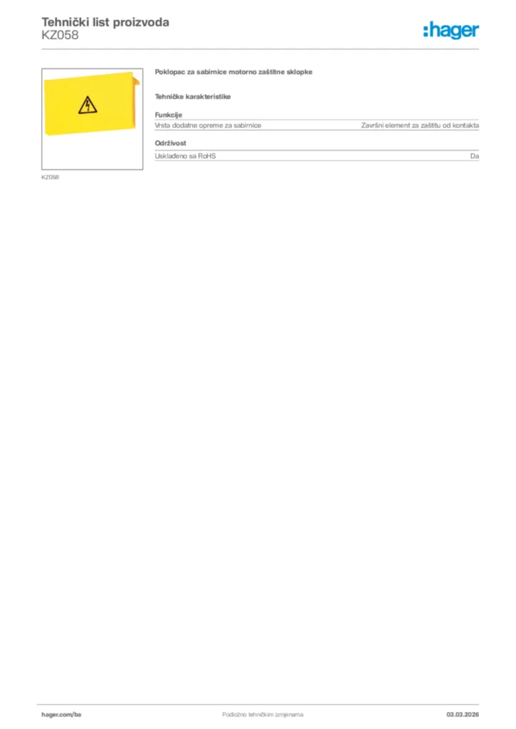 Slika Hager Tehnički list proizvoda KZ058  | Hager