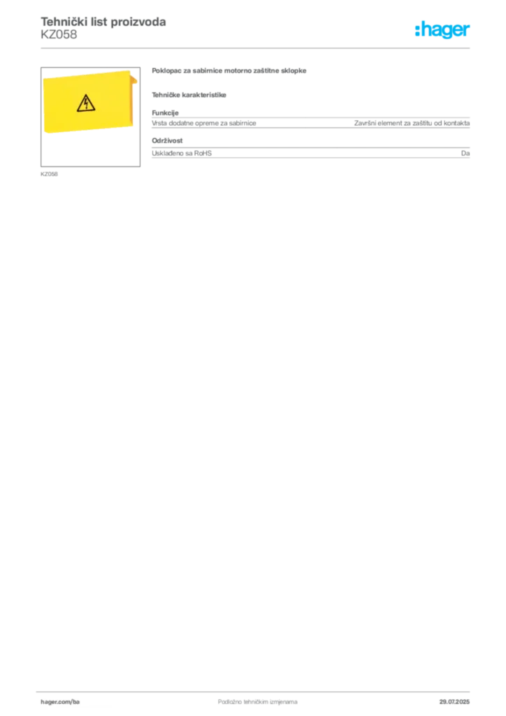 Slika Hager Product data sheet KZ058  | Hager