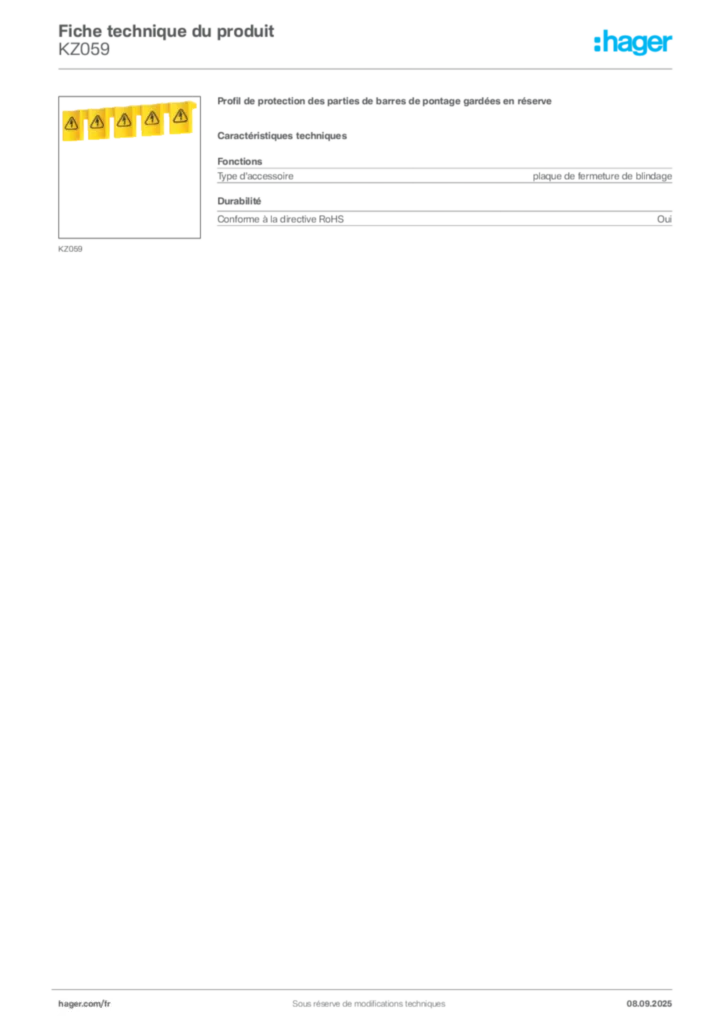 Image Hager Fiche technique du produit KZ059 | Hager France