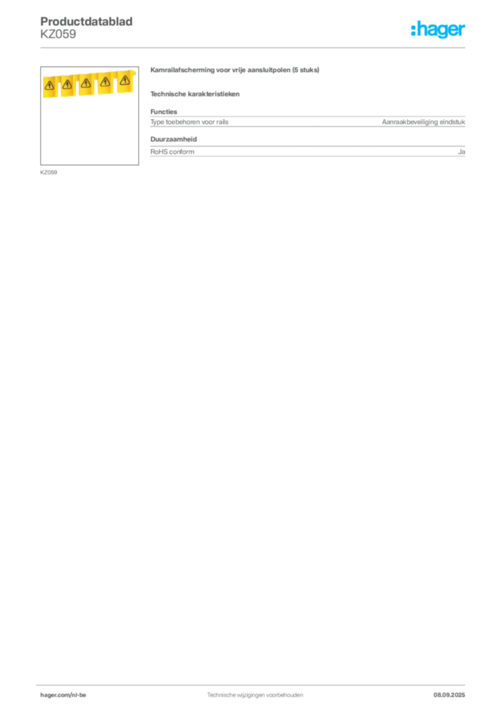 Afbeelding Hager Productdatablad KZ059 | Hager Belgium