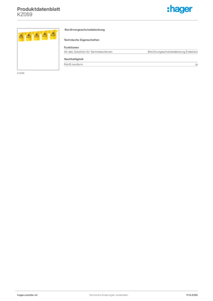 Bild Hager Produktdatenblatt KZ059 | Hager Schweiz