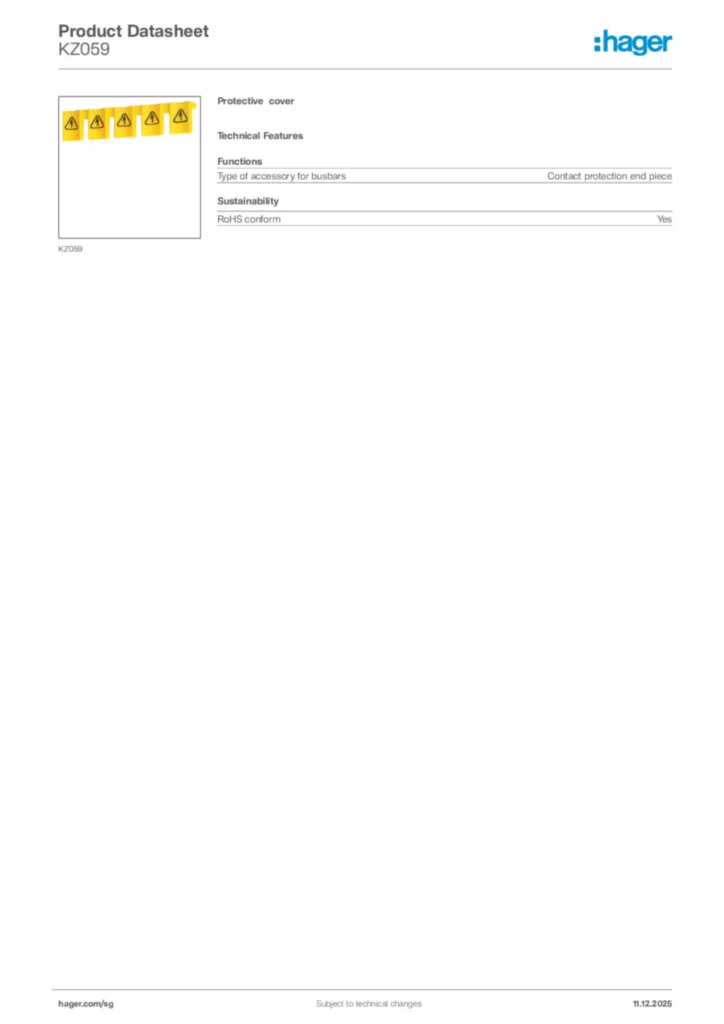 Image Hager Product data sheet KZ059  | Hager